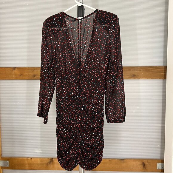 NWT Zara Black Red White Heart Print Ruched V-Neck Long Sleeve Mini Dress Sz S - Picture 8 of 15
